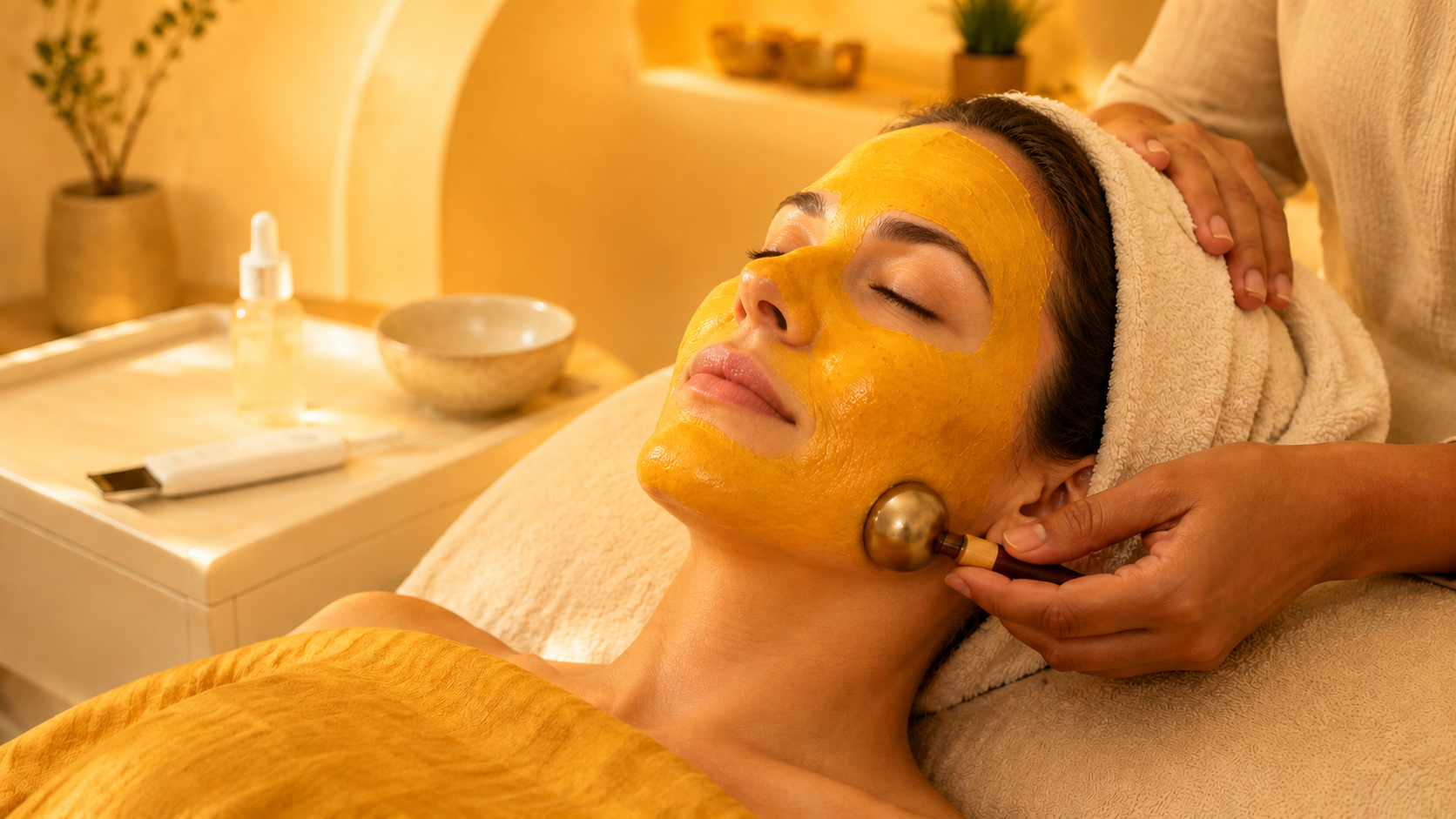 A client receiving a turmeric facial mask with Kansa wand sculpting